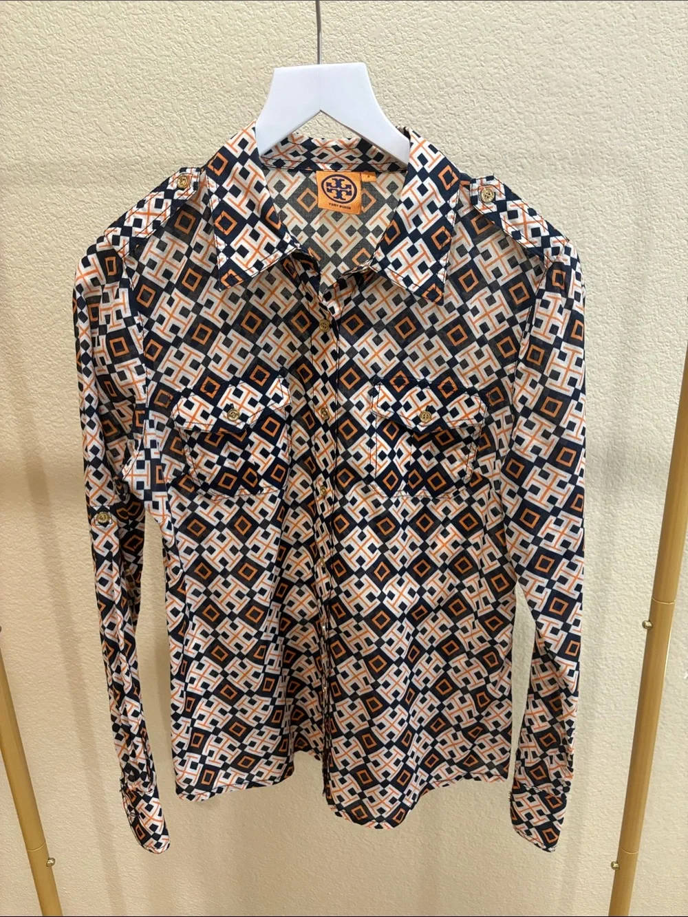 Tory Burch Navy and Orange Geometric Button-Down Shirt